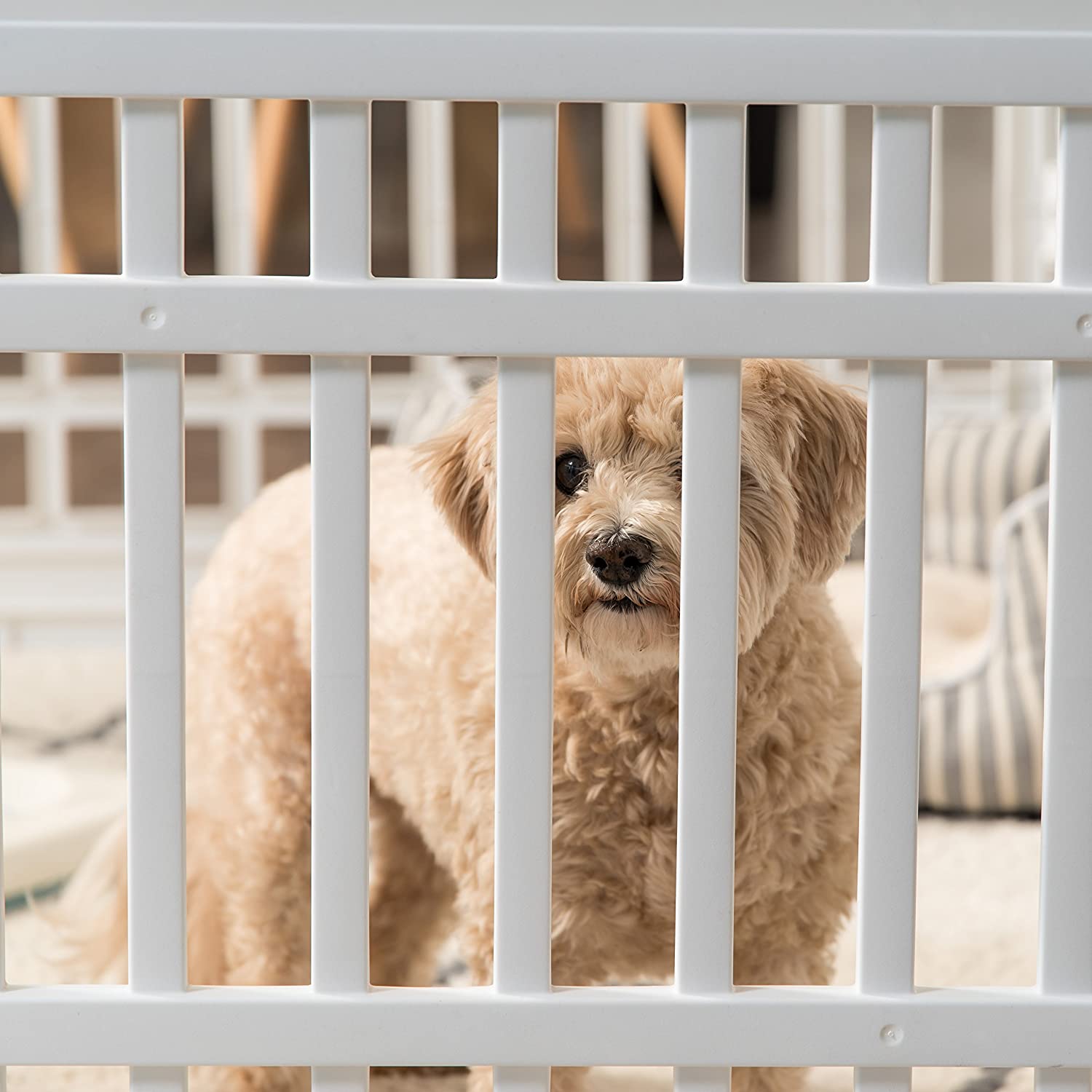 Pet playpen with door latch clips for easy assembly