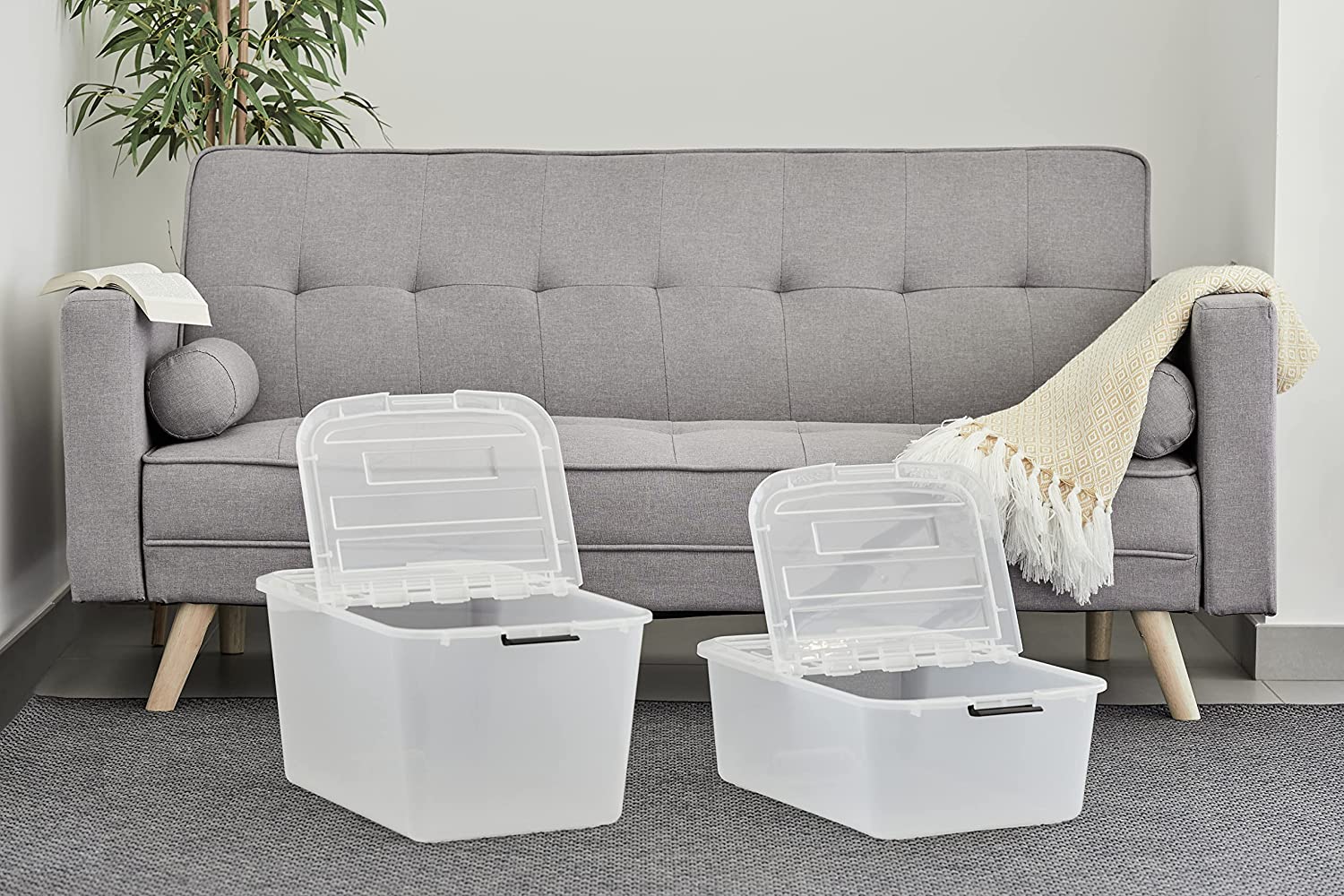 Iris Ohyama-TBH-45  Set of 6 storage boxes- Transparent, 45 L - Stackable with Clips for Bedroom, Living room
